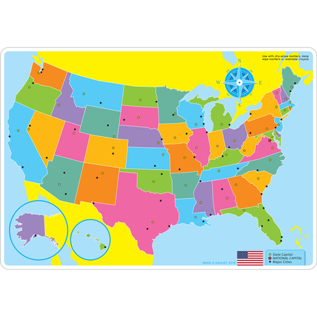 Ashley Productions Smart Poly Learning Mat, 12in. x 17in., Double-Sided, U.S. Basic Map 95000